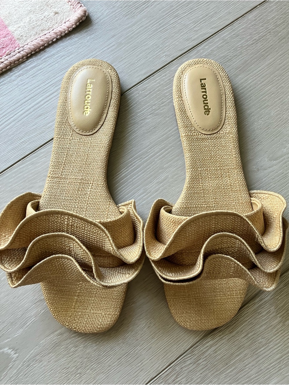 Larroude Beige Ruffle Slide Mules
